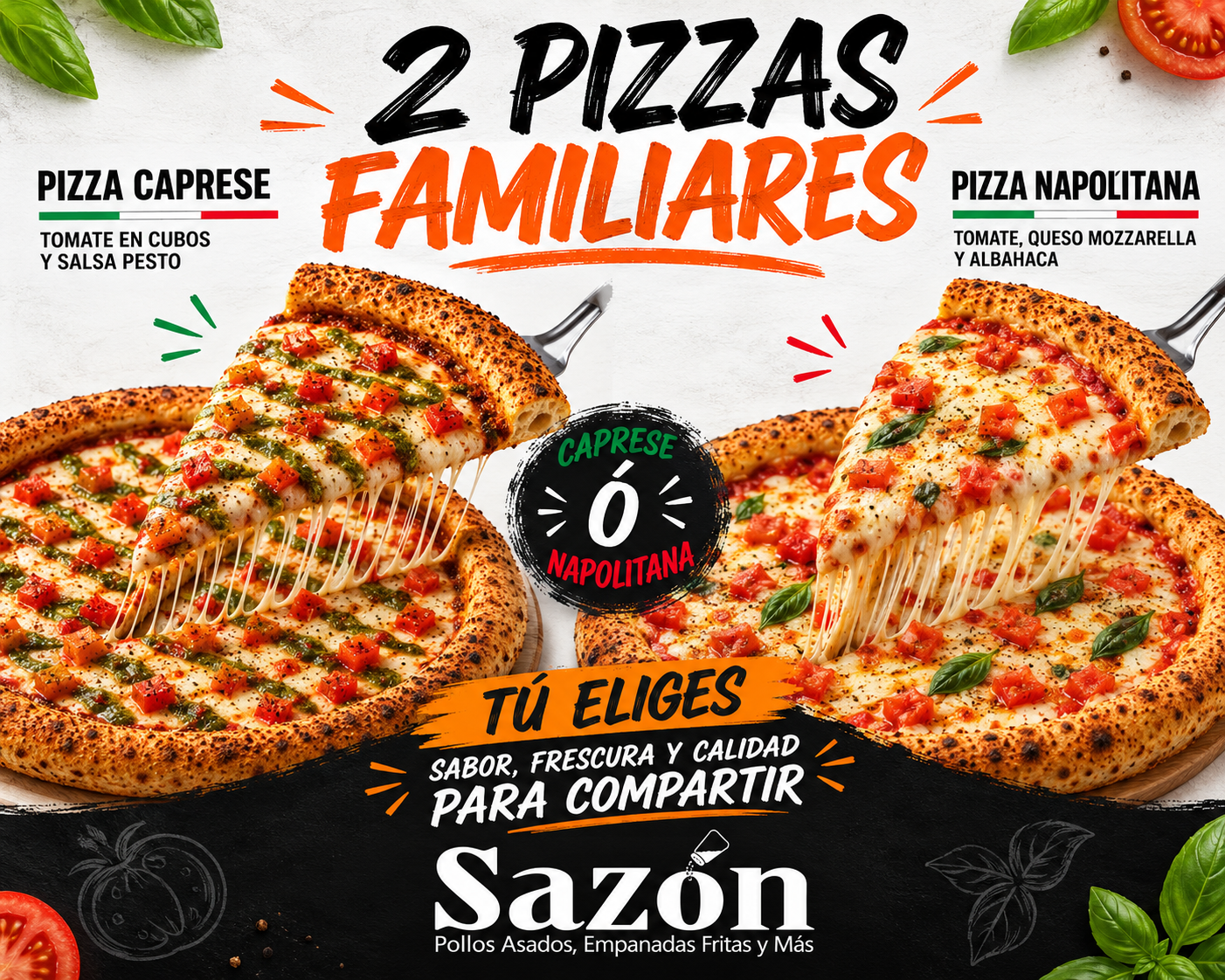 Combo 5: 2 Pizzas Familiares Napo o Caprese